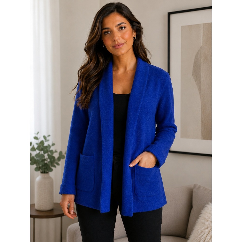 Chicos Cobalt Blue 100% Wool Open Front Shawl Collar Cardigan Jacket Size 0 XS